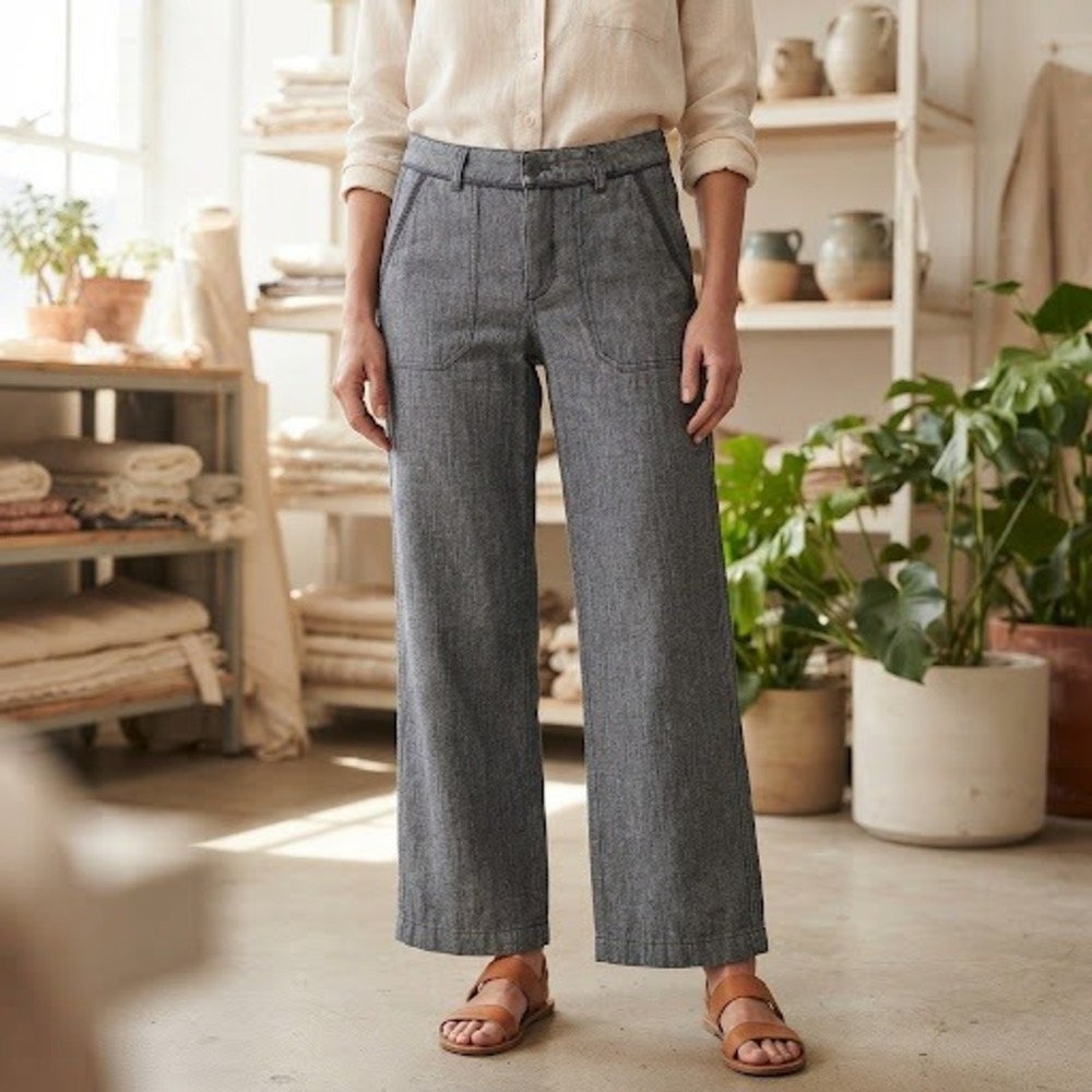 Pilcro and the Letterpress Blue White Stripe Wide Leg Pants Crochet Trim Sz 4P